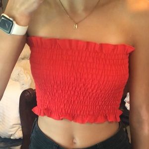 red smocked tube top